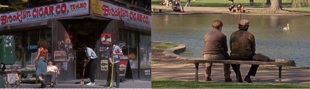 Zwei Filmszenen aus "Smoke" und "Good Will Hunting": Links ein Tabakladen in New York von außen. Eine Person sitzt schlafend auf einem Klappstuhl in der Sonne, davor fegen zwei junge Männer den Gehweg..
Rechts: Zwei Männer sitzen auf einer Bank in einem Park vor einem See. Wir sehen sie  von hinten.