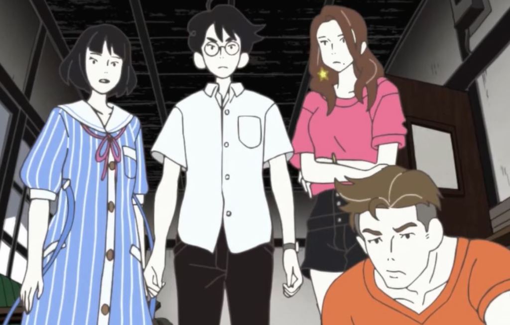 Vier der Hauptfiguren aus der Anime-Serie "Time Machine Blues" schauen richtung Kamera, zwei Männer, zwei Frauen.