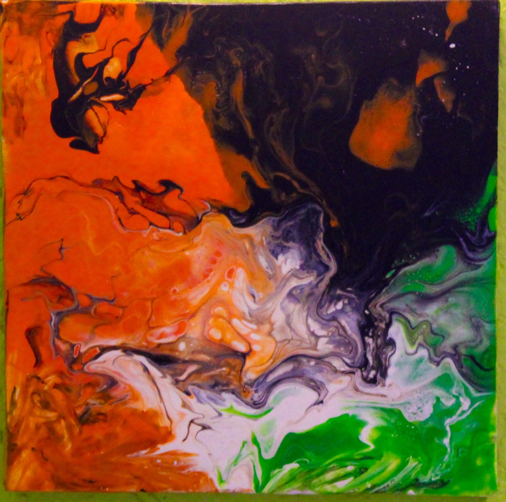 Acrylmalerei auf der sich drei Farben und Weiß verschmischen. Linke Bildhälfte vor allem Orange, rechts oben Schwarz, rechts unten Grün, in der Mitte etwas Weiß.