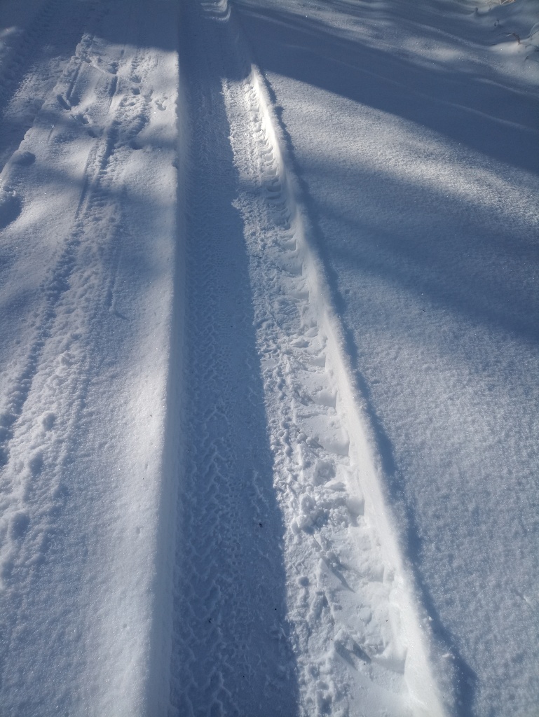 Eine von einem Traktor oder ähnlichem Fahrzeug plattgefahrene Spur im tiefen Schnee.