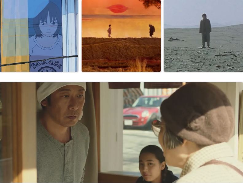 Collage von vier Screenshots aus den Filmen "The Case Hana and Alice", "Kwaidan", "Cure" und "Kirschblüten und rote Bohnen".