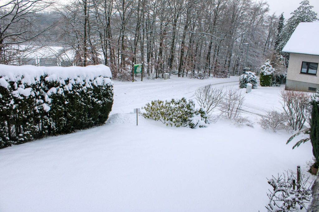 Blick aus meinem Arbeitszimmer über den schneebedeckten Garten auf eine ebenso weiße Straße, die hier in einer Kurve am Haus vorbei verläuft. Dahinter einige Bäume, auf denen ebenfalls Schnee liegt. Links noch ein Teil vom Nachbarhaus.

Das gleiche Motiv wie im Bild davor und danach, nur im Schnee bei Tag