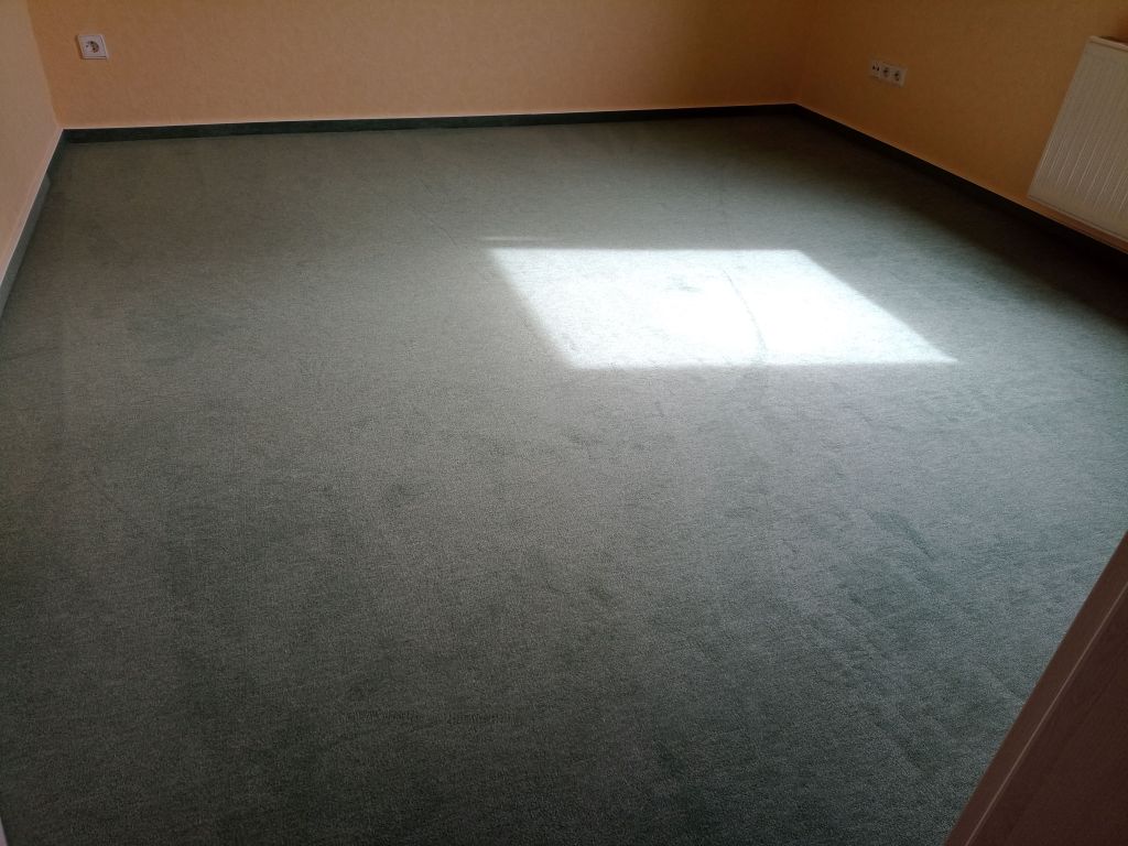Das noch leere Arbeitszimmer mit dem neuen grünen Teppichboden.