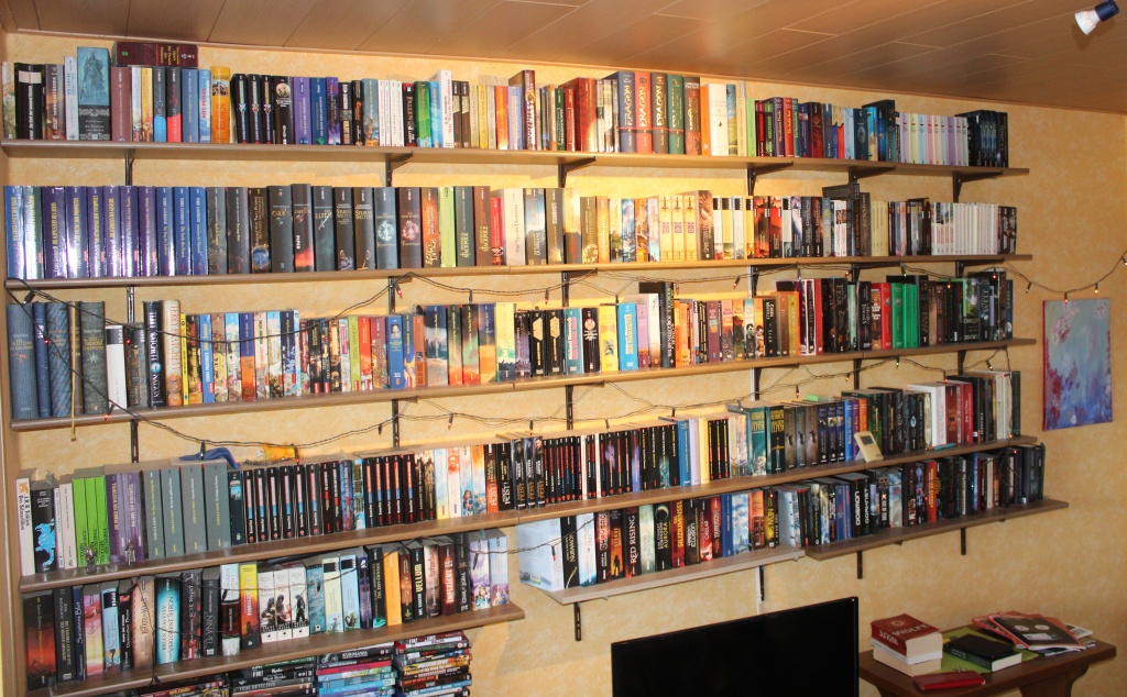 Ein großes Bücherregal mit an den Wänden aufgehangenen Regalbrettern in fünf Reihen über knapp vier Meter Länge.