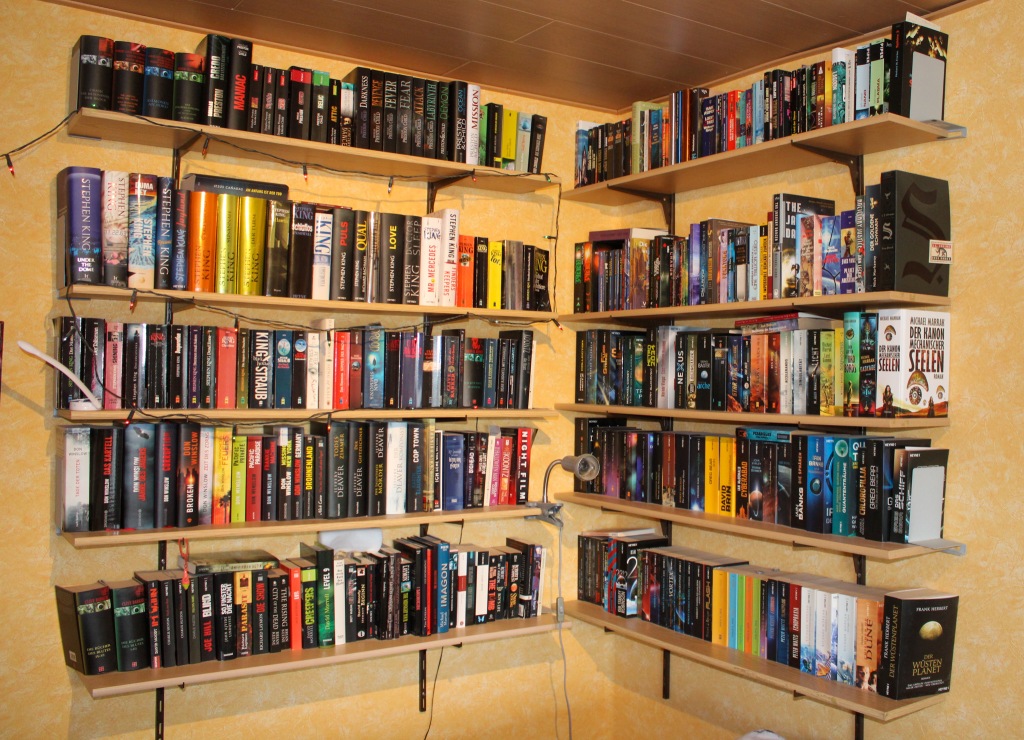 Fünf Reihen Regalbretter voller Bücher, jeweils eimal rechts an der Zimmerwand udn einmal geradeaus, sie treffen sich in der Zimmerecke.
